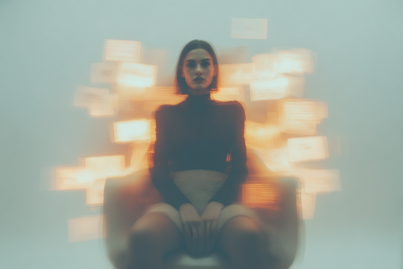 a woman seated in stillness surrounded by blurred phone notifications and glowing screens in motion