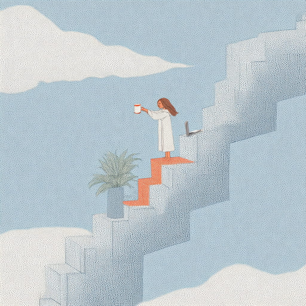 Woman on stairs (that represent balance) juggling life and work