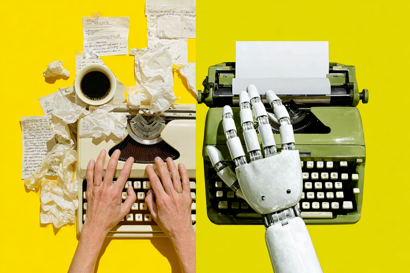 human hands on a typewriter beside a robot hand on a type writer