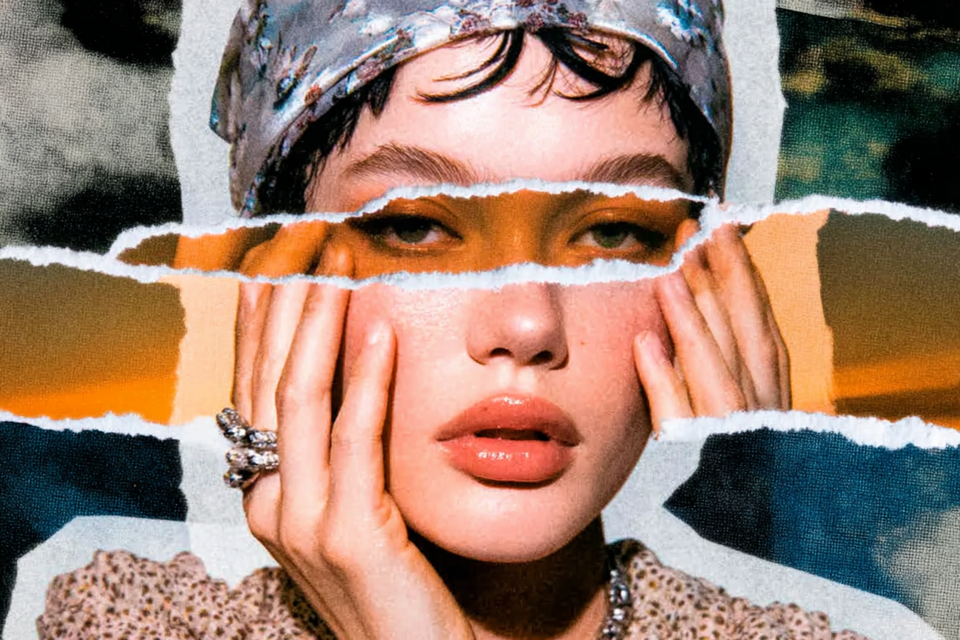 image of woman's face with difference pieces from difference faces, scrapbooked face